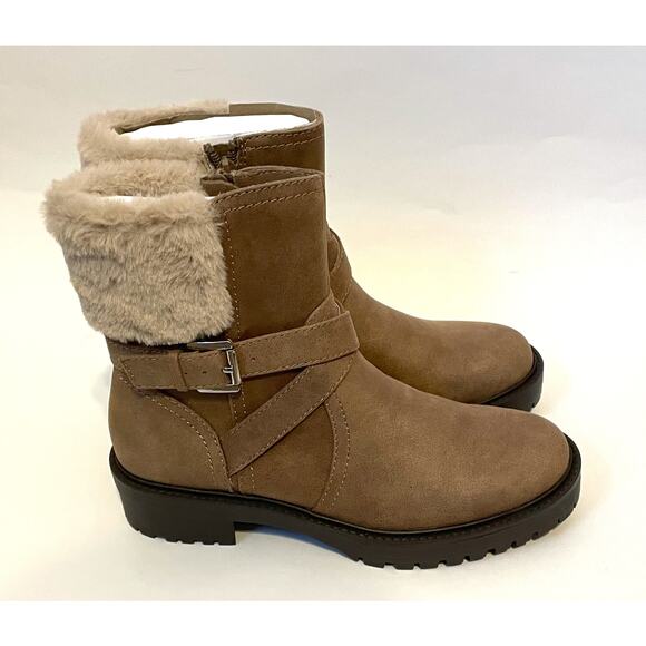 Dolce Vita Leather Buckle Fur Zipper Boot Gray Tan Size 7.5 NEW - Picture 3 of 8